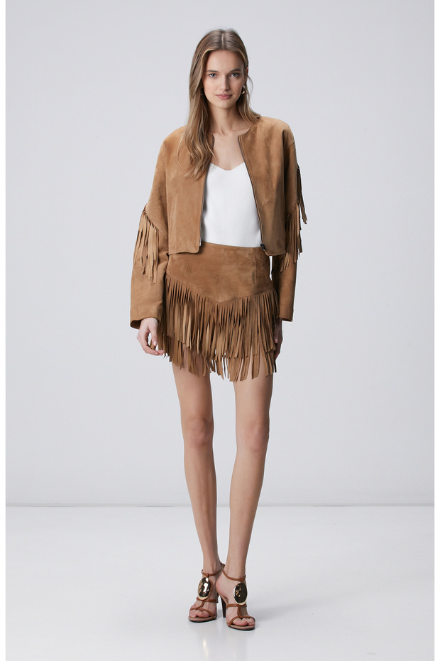 Camel Püsküllü Süet Deri Etek - 3