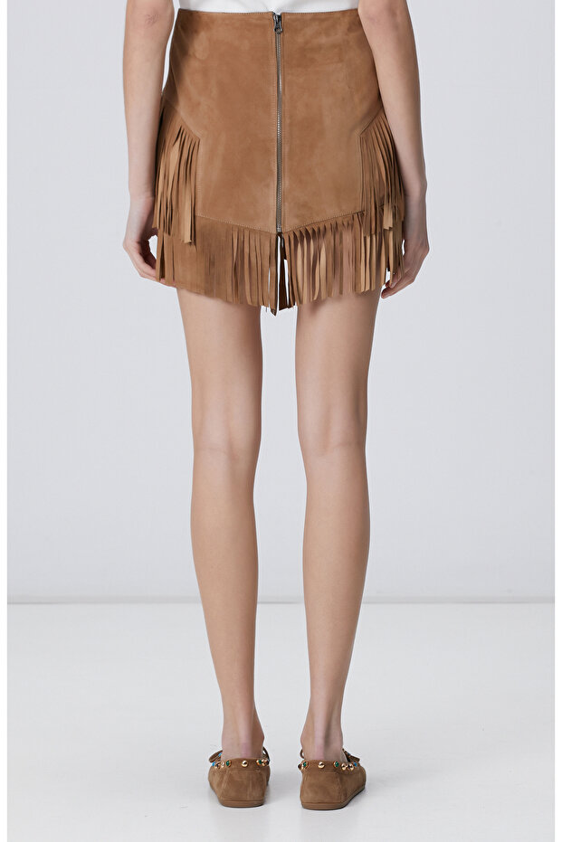 Camel Püsküllü Süet Deri Etek - 4