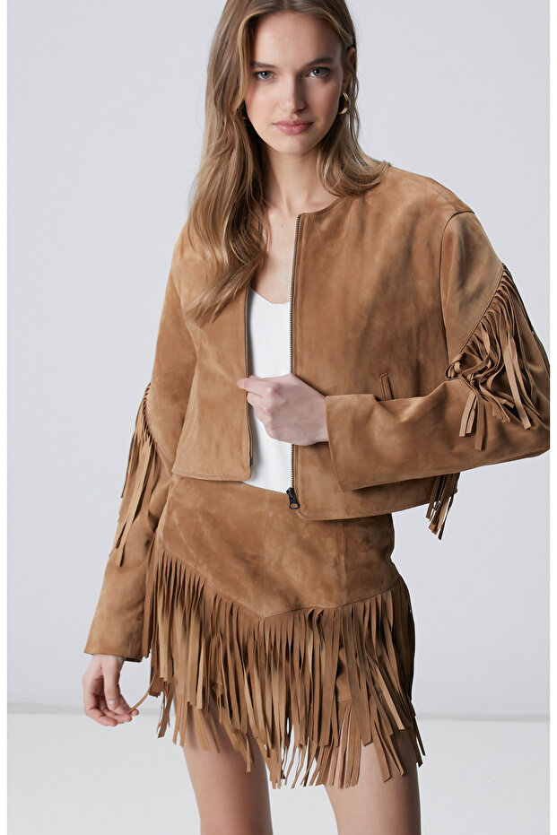 Camel Püsküllü Süet Deri Etek - 2