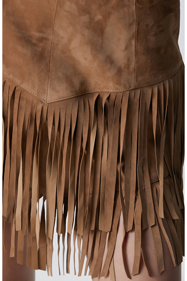 Camel Püsküllü Süet Deri Etek - 7