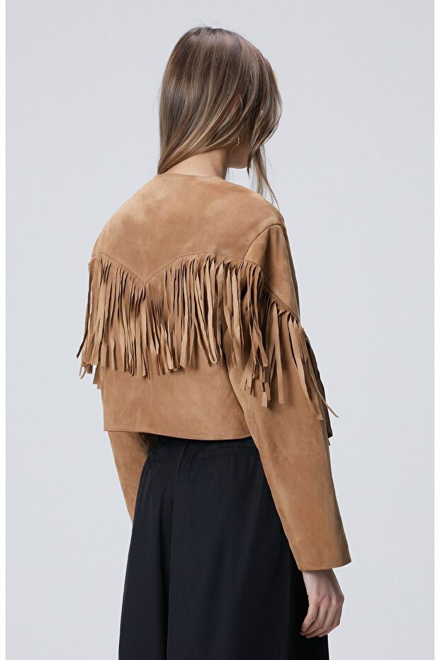 Camel Püsküllü Süet Deri Ceket - 5