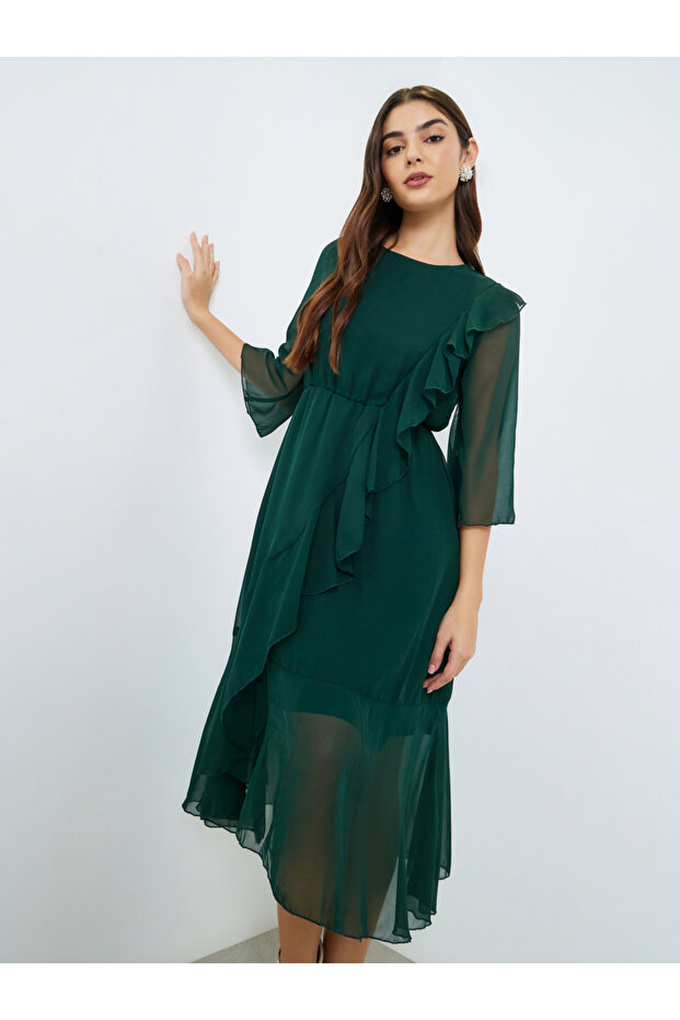 Green A-Line Midi Dress with Ruffle Detail