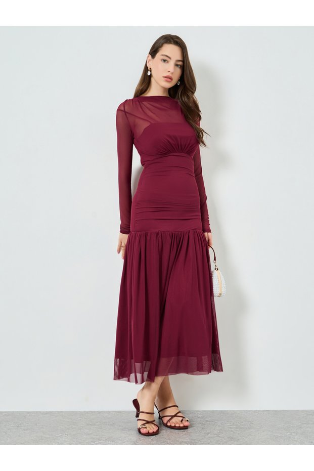 Women Red Long Sleeve A-Line Maxi Dress