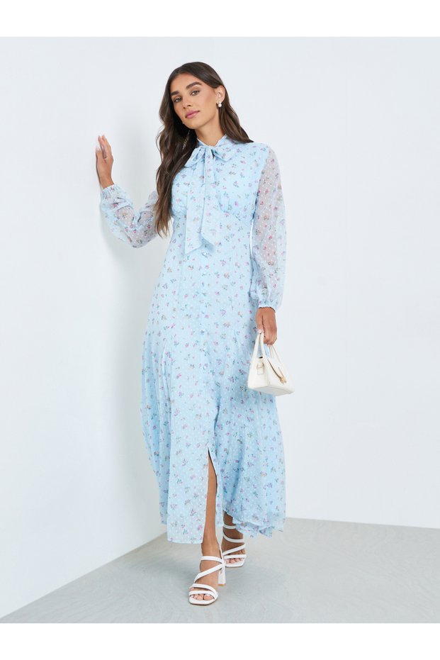 Women Blue Floral Print Long Sleeves Maxi Dress