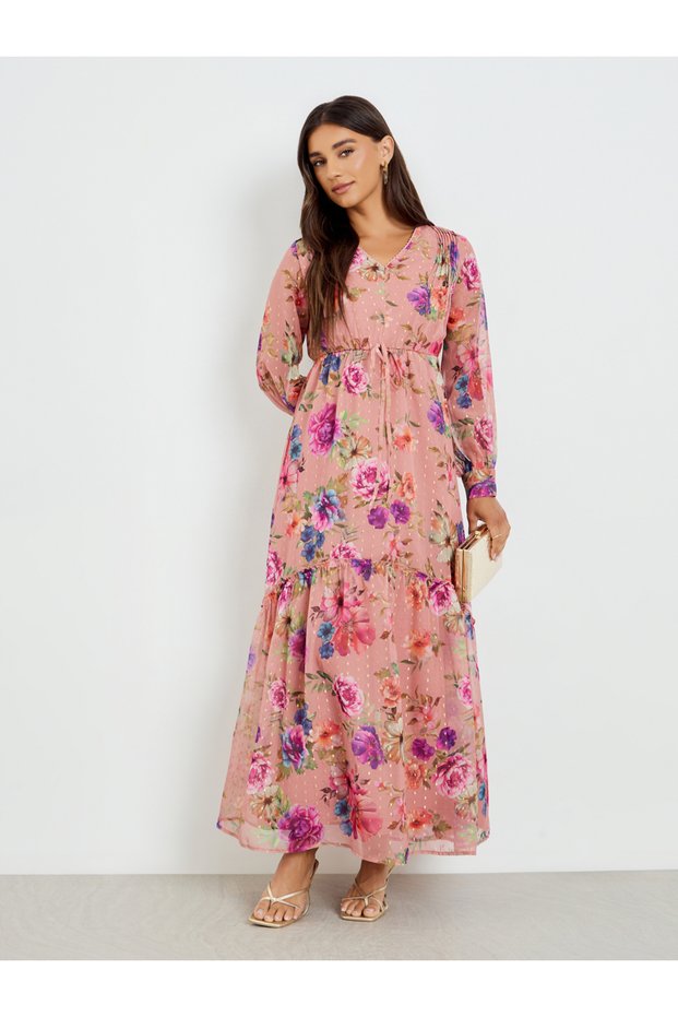 Women Peach Floral Print Lurex Maxi Dress