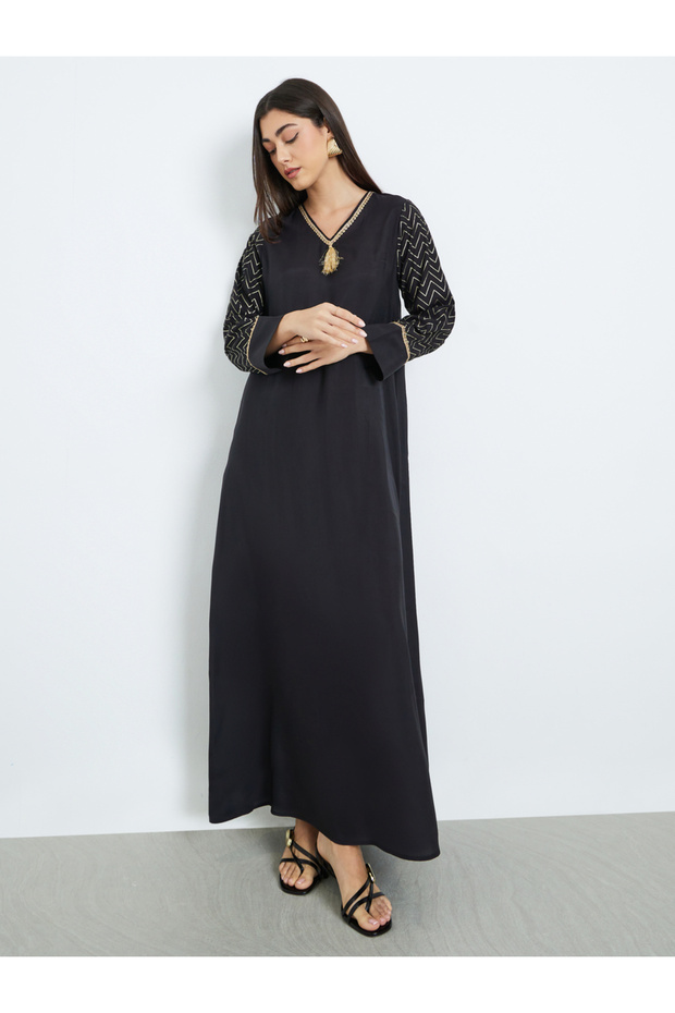 Black Foil Print V-Neck A-Line Jalabiya