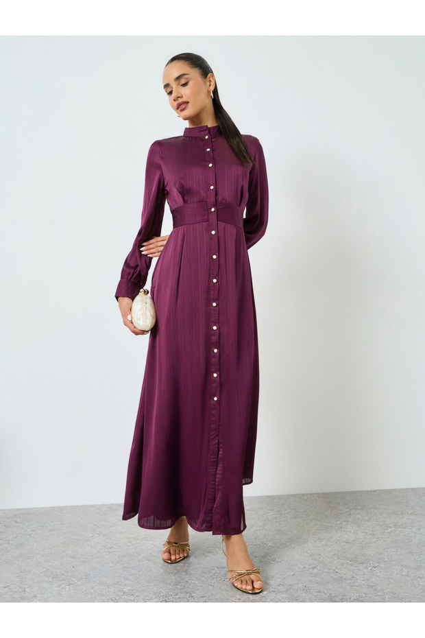 Magenta Long Sleeves Shirt Maxi Dress