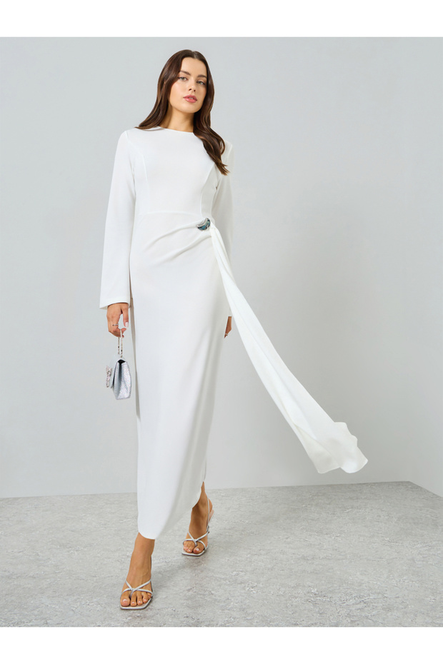 WhiteRuffled Detail Long Sleeve Maxi Dress