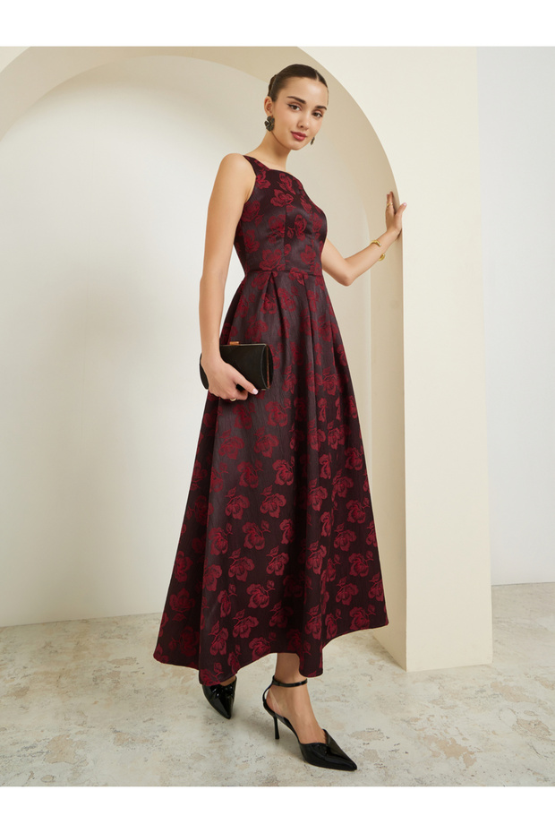 Red Floral Sleeveless Pleated Maxi Dress