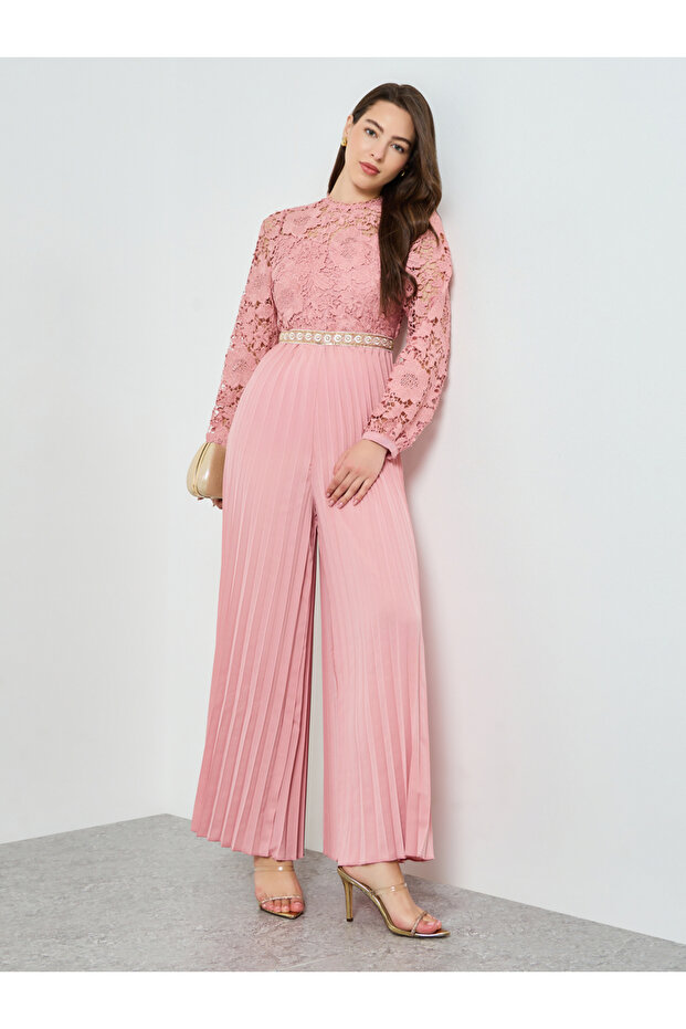 Pink Lace Pleated Wide Leg Jumpsuit