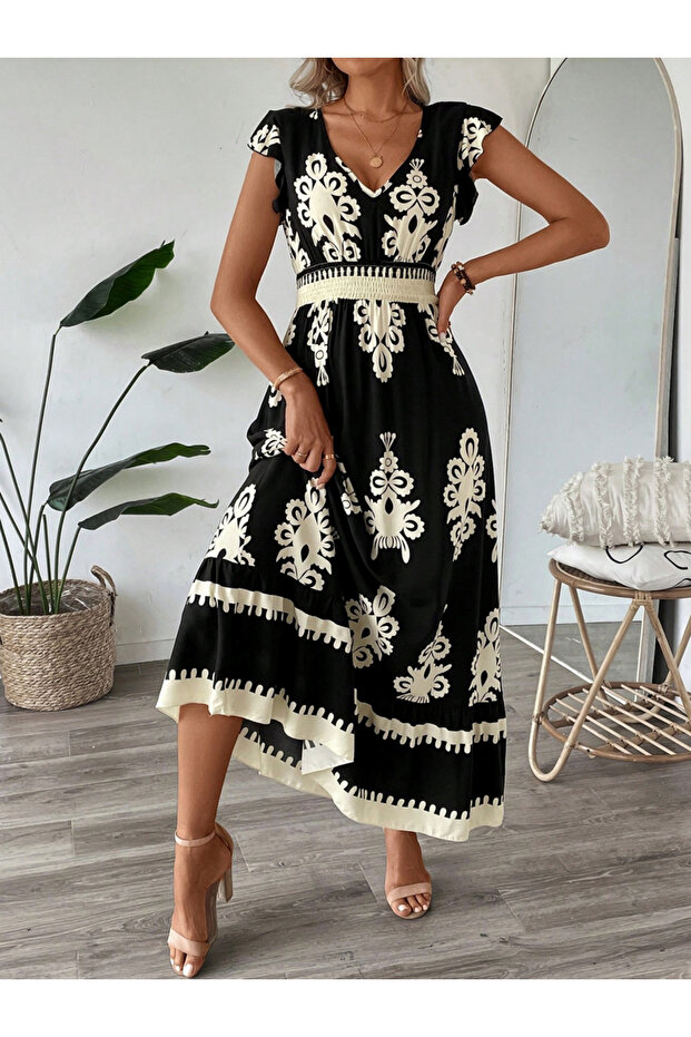 Women Black Graphic Print Elastic Waist Maxi Dress