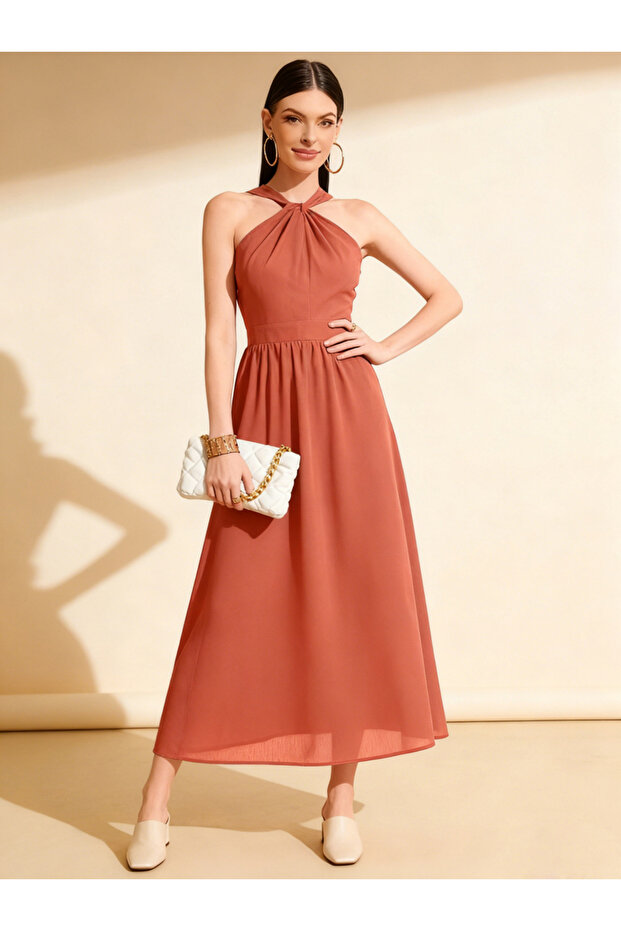 Coral Halter Neck A-Line Midi Dress