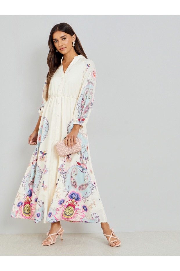 White Floral Print Shirt Maxi Dress