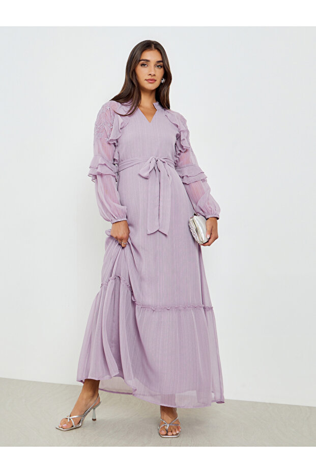 Lilac Embroidered Maxi Dress with Ruffle Detail