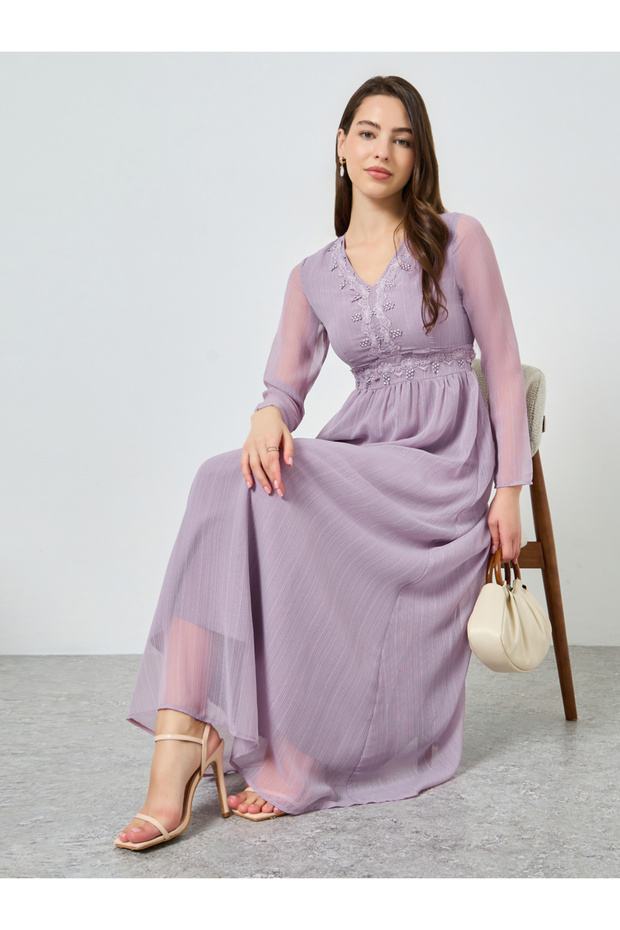 Women Lilac Lace Trim Chiffon Maxi Dress