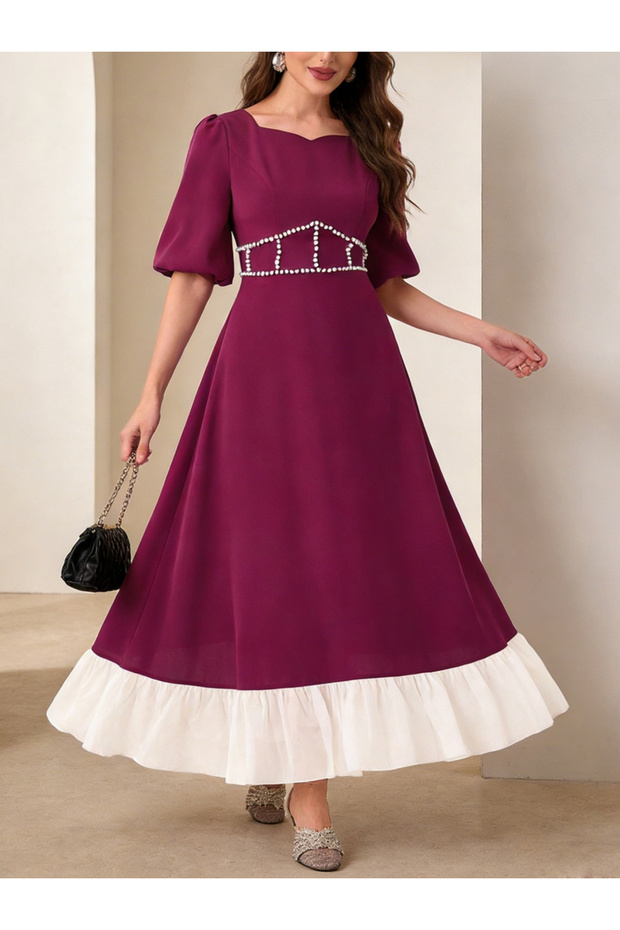 Purple Embellished Ruffle Hem Maxi Dress