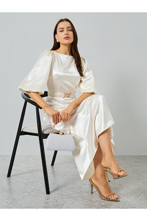 Beige Boat Neck Belted Balloon Sleeve Maxi Dress
