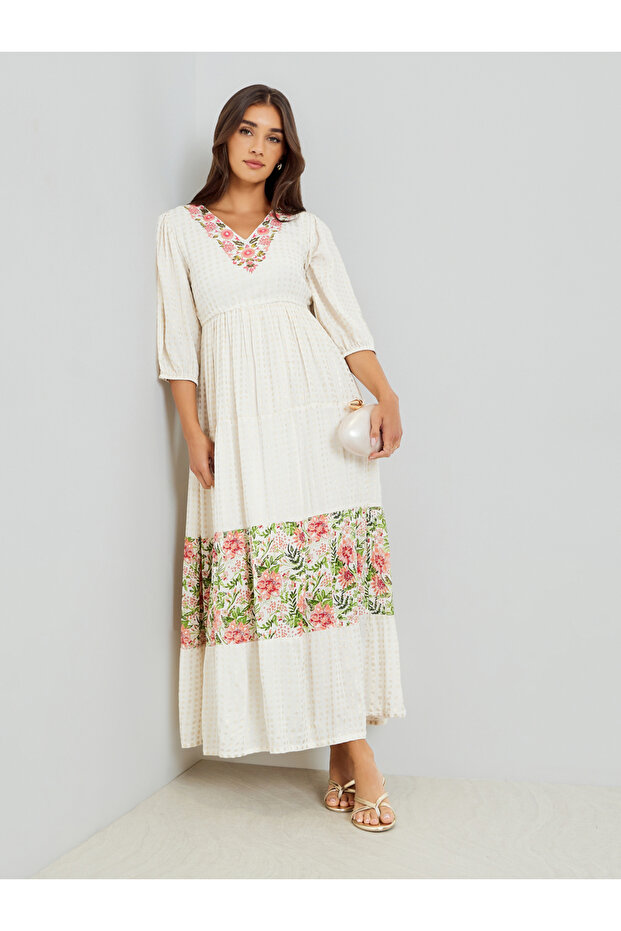 Women Cream Floral Embroidered A-Line Maxi Dress