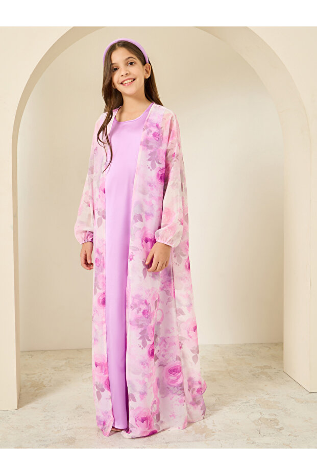 Girls Lilac Printed Abaya with Inner Dress