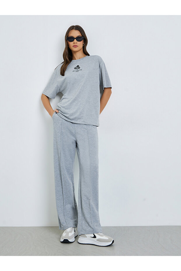 Grey Wide Leg Joggers with Pintuck Detail