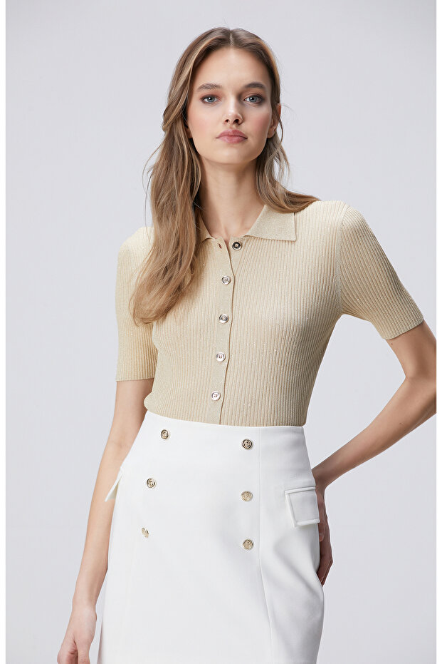 Bej Sim Dokulu Kısa Kol Triko - 4