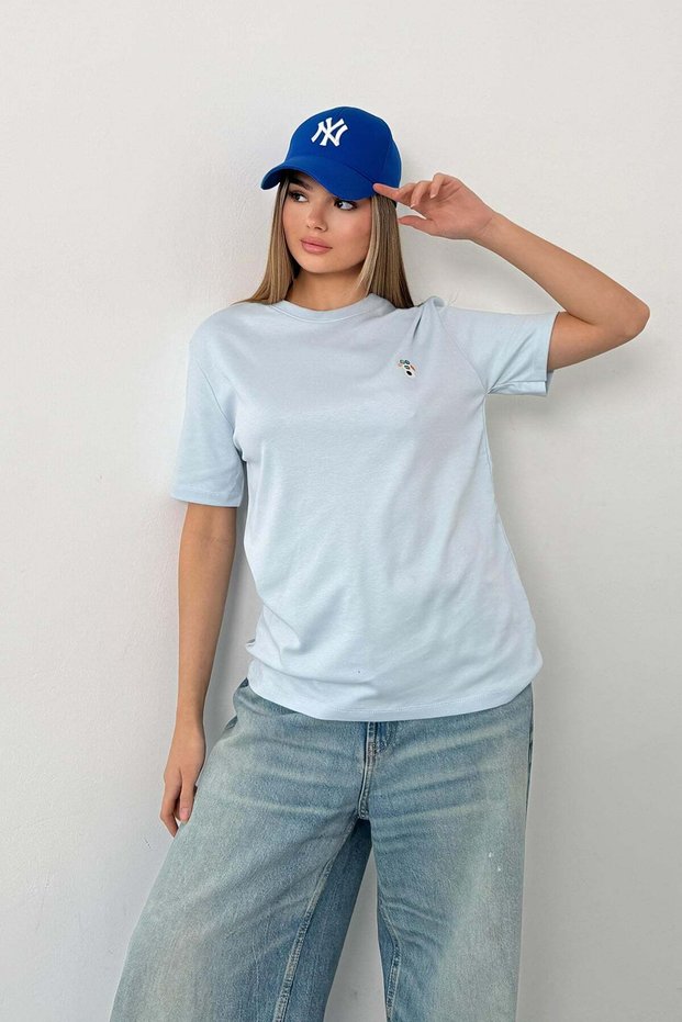 Women's Dog Embroidered 100% Cotton T-Shirt Blue - 26Y 26730