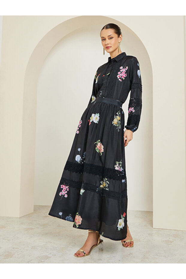 Black Floral Print Maxi Skirt with Lace Trim
