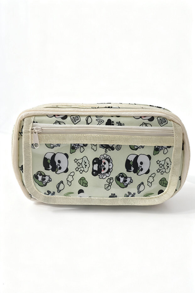 Panda Patterned Multi-Compartment Pen Holder - Plush Brooch-Sticker-Clip Gift