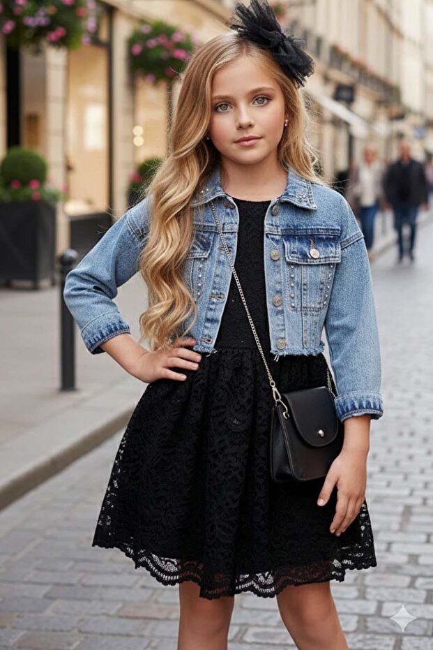 Girl's Jean Jacket Lace Embroidered Tulle Black Evening Dress