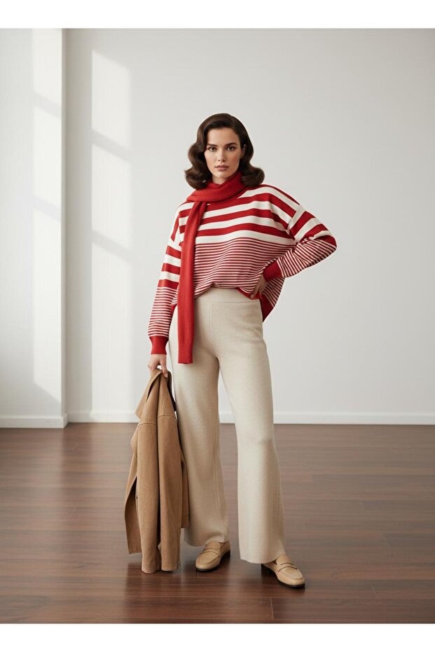 Kırmızı Bej Çizgili Basic Kazak - 4