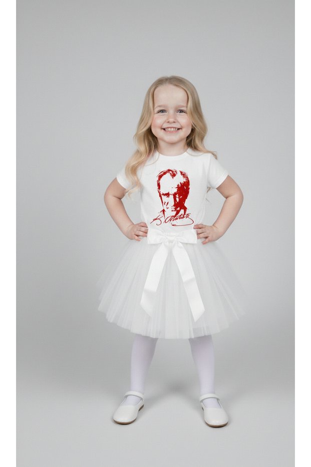 Girl's 23 April 29 October Performance Outfit Costume Short Sleeve Ataturk T-Shirt White Tutu Skirt Set