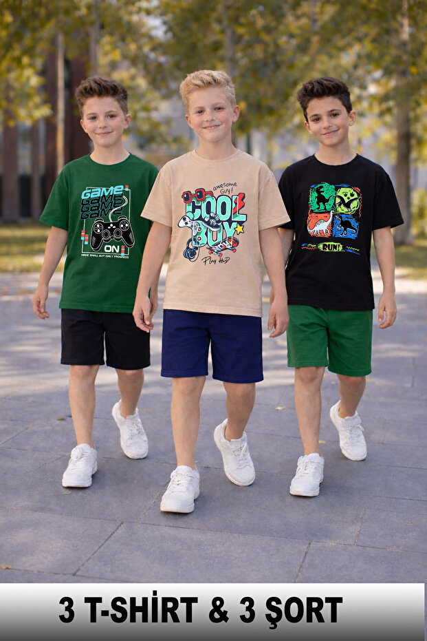Boy's 3-Piece Shorts and T-Shirt Set Game Console Printed Summer Cotton Combed Cotton Casual Bottom and Top Set