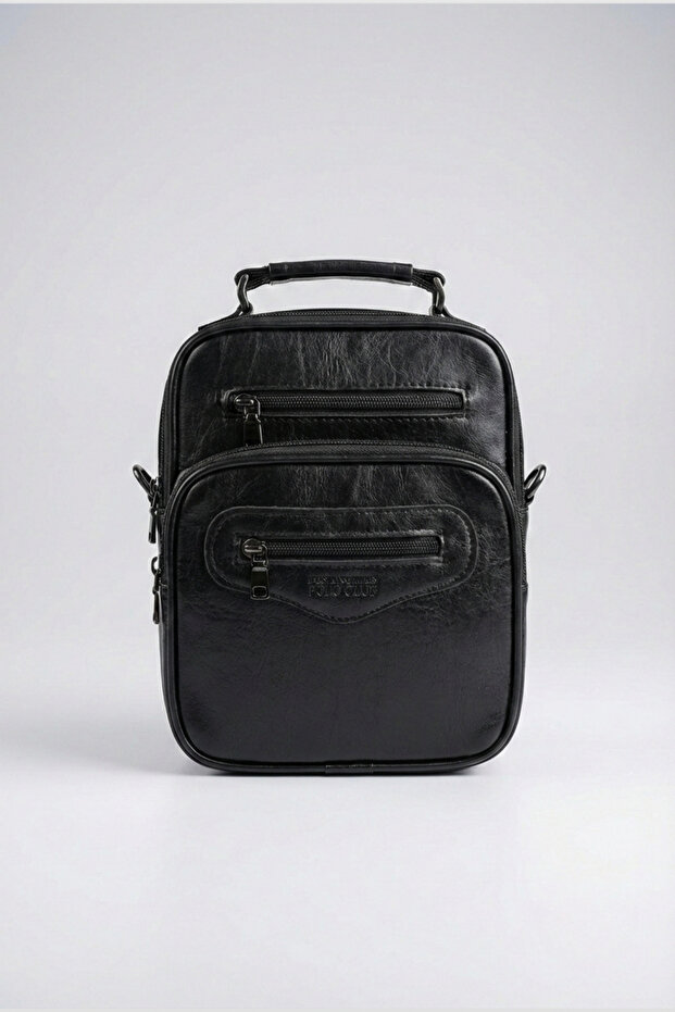 Men's Black Leather Large Size Crossbody Hand and Shoulder Bag