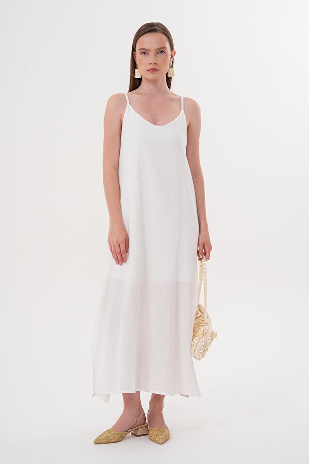 Women's Ecru Muslin Long Dress with Rope Straps and Side Slits