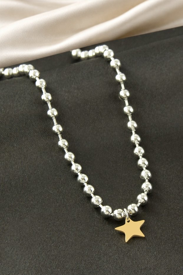 Star Ball Chain Steel Necklace with Zircon Stone Pendant Stylish Design