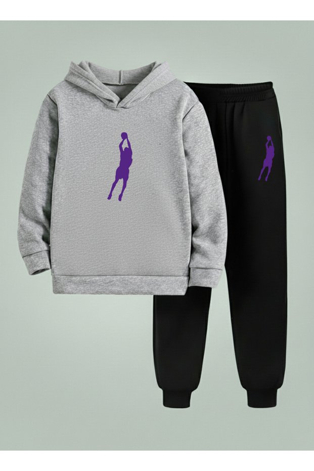 Hooded Sweatshirt - Tracksuit Set for Boys Potaya Ziplama Printed 3 Thread Rastered