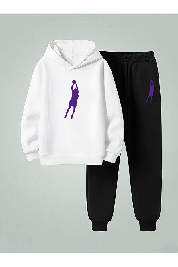 Hooded Sweatshirt - Tracksuit Set for Boys Potaya Ziplama Printed 3 Thread Rastered