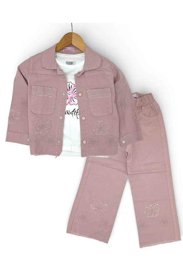 Girl's 3-Piece Stylish Holiday Set with Floral Motif Linen Trousers and Slim Fit Jacket for Ages 5-12