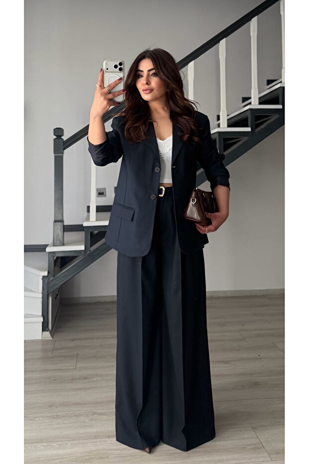 Navy blue pleated wide leg belted palazzo pants