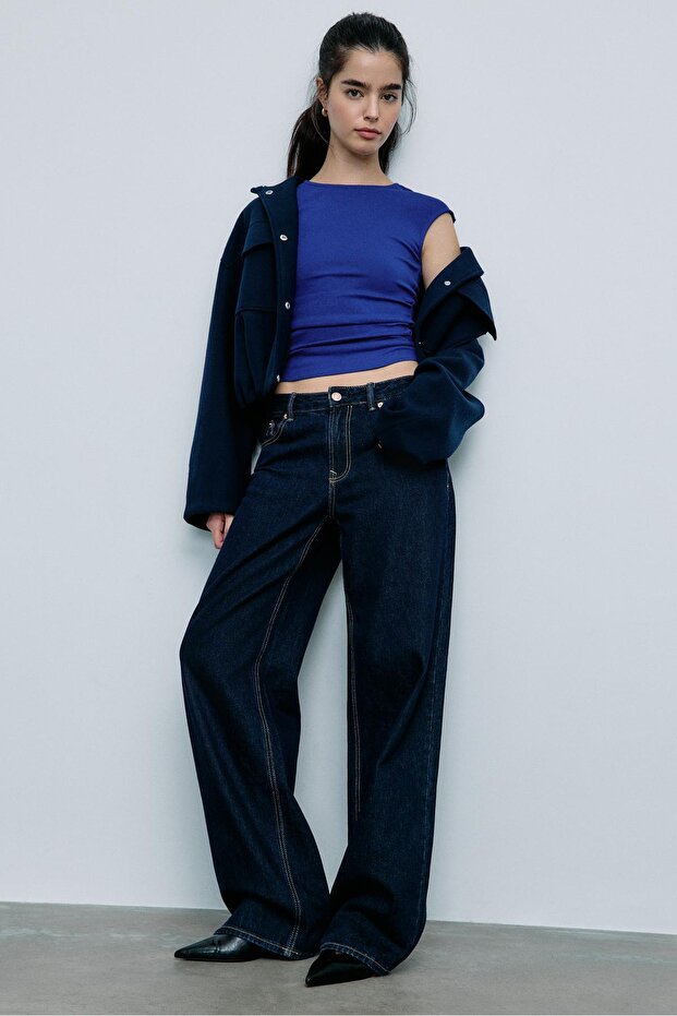 Basic fitted büzgülü t-shirt - 2