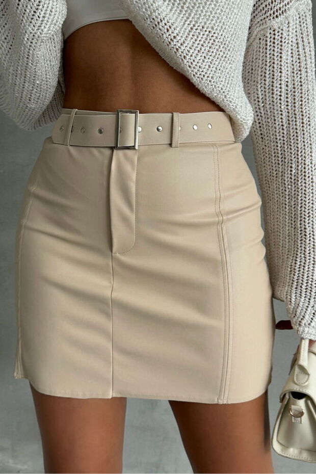 Leather Belted Skirt - Stone | F1840