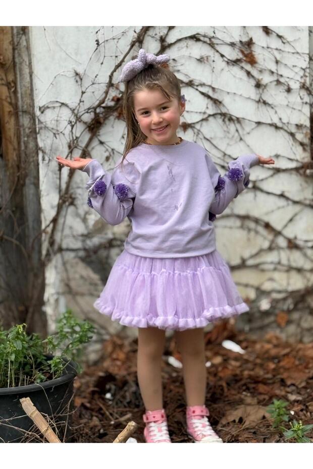 Girls' Pom-Pom Detail Tulle Skirt Set