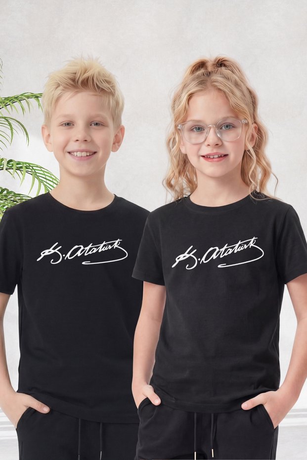Single Ataturk and Flag Print Themed Children's Short Sleeve T-Shirt