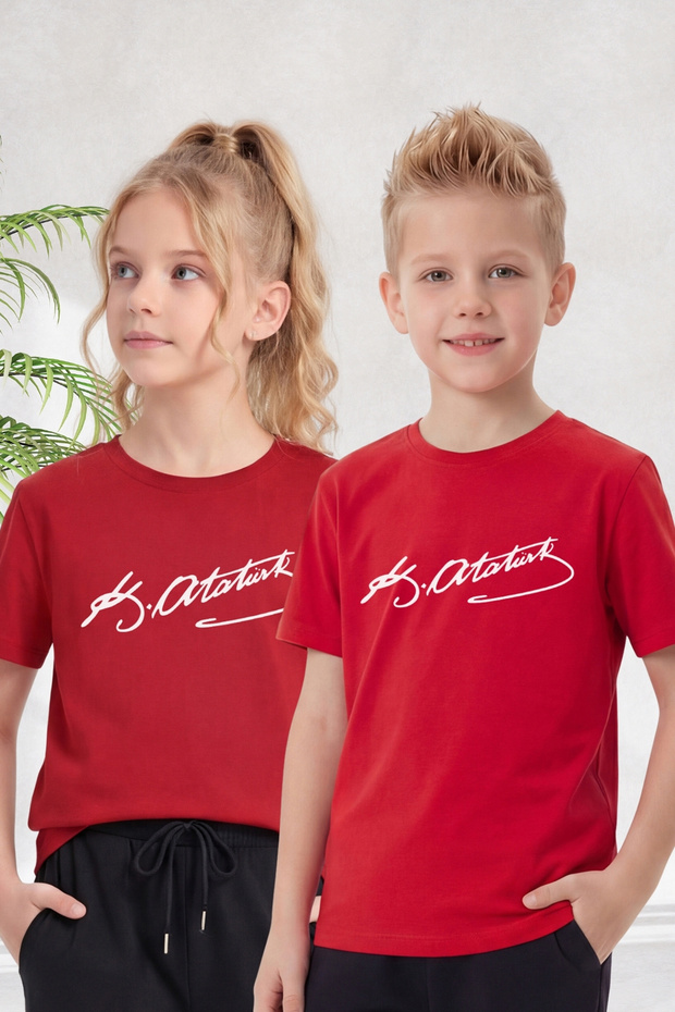 Single Ataturk and Flag Print Themed Children's Short Sleeve T-Shirt