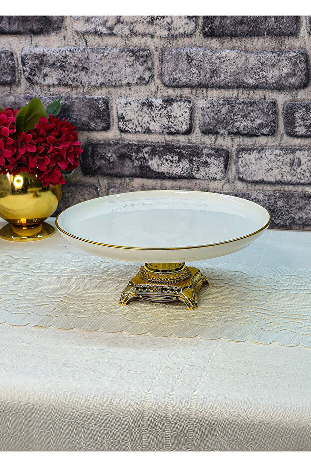 Pisa Round, Silver&Antique&Gold River Footed (Güral) Porcelain Presentation Plate 26cm