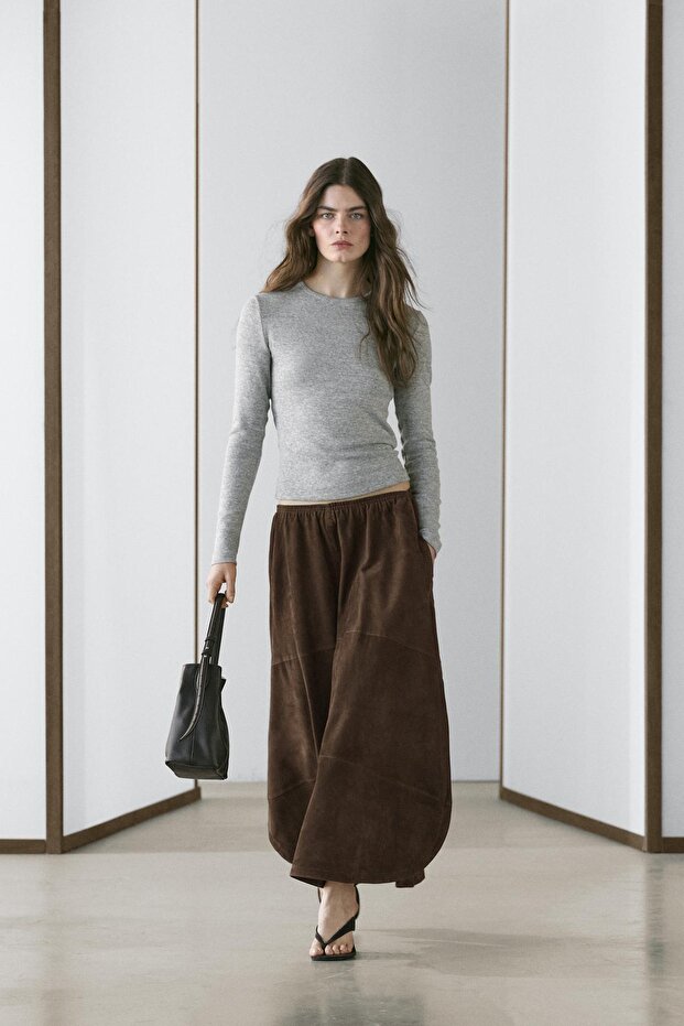 Süet deri midi etek - 4