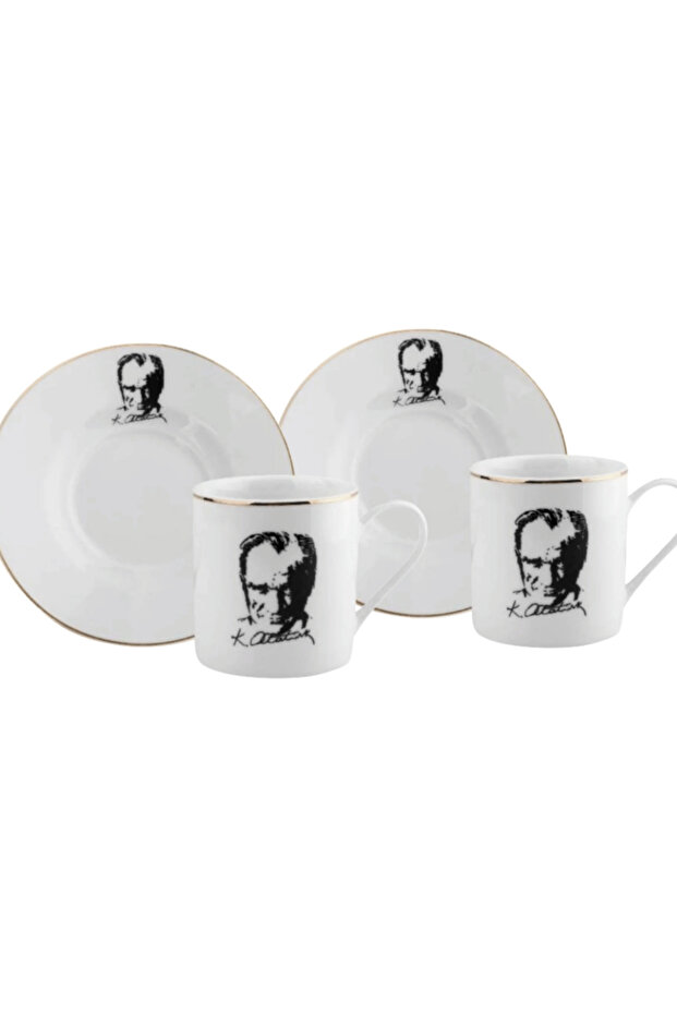 2-Piece Porcelain Atatürk Silhouette Cup Set - Cup Set with Gilt Details
