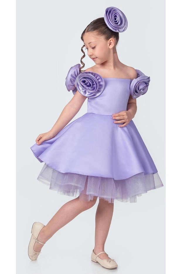 Babyaden Detachable Buckle Boat Neck Satin Evening Dress with Rose Details Birthday Costume Girl Child Dress