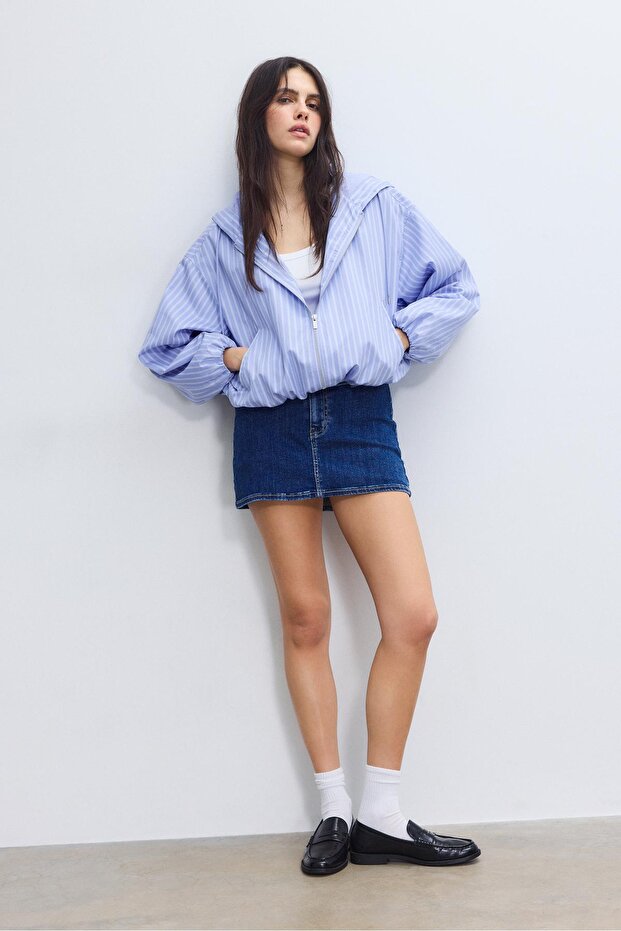 Basic naylon çizgili kapüşonlu ceket - 2