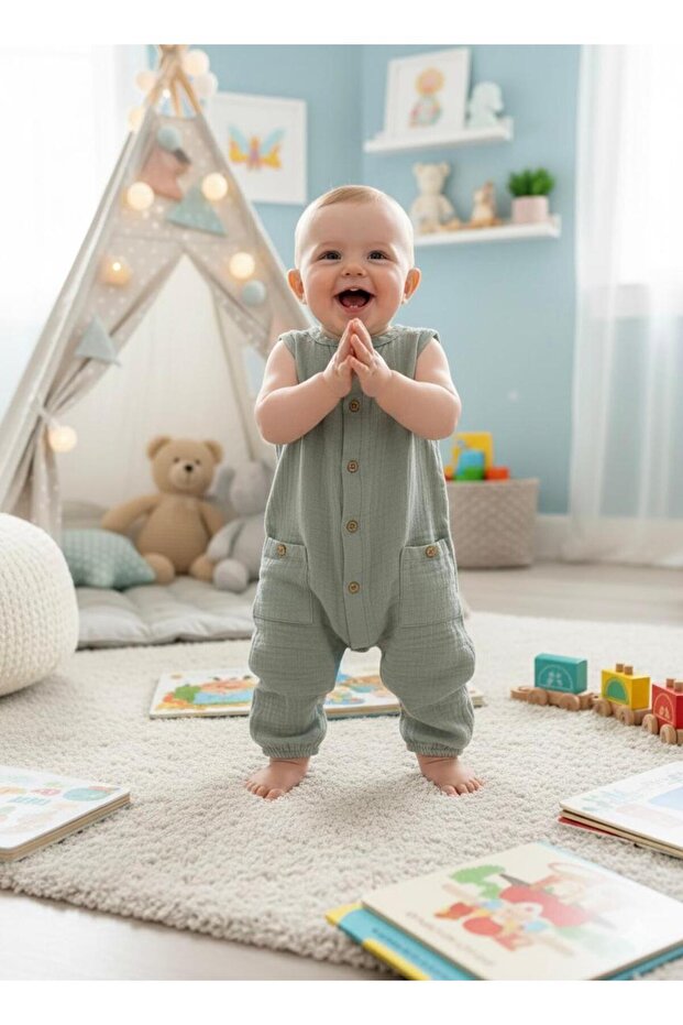 Baby Green Theme Muslin Baby Sleeveless Jumpsuit 65024